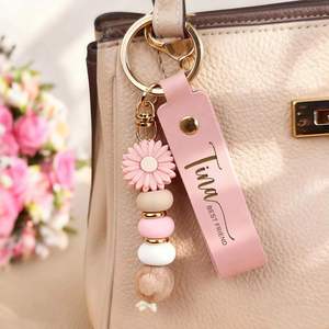 Customized Leather Daisy Beaded Keychains, <b>Engraved</b> Name <b>Keyring</b> Charm, Cute Bag Accessories for Women, Girls, and Best Friends - Product Image 2