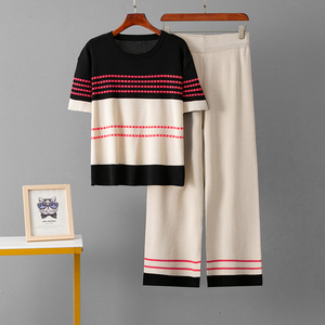 2026 Summer Women's <b>Knitted</b> Casual <b>Short</b> <b>Sleeve</b> <b>Top</b> Loose Pants Two Piece Set Color-Blocking <b>Knitting</b> Tracksuits for Women - Product Image 3