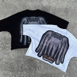เสื้อยืดฮิปฮอปผ้าฝ้าย100% สำหรับผู้ชายทรงหลวม DTG mock ไหล่บ็อกซี่ไหล่สั้นถักลายตัวอักษรยาว - Product Image 3
