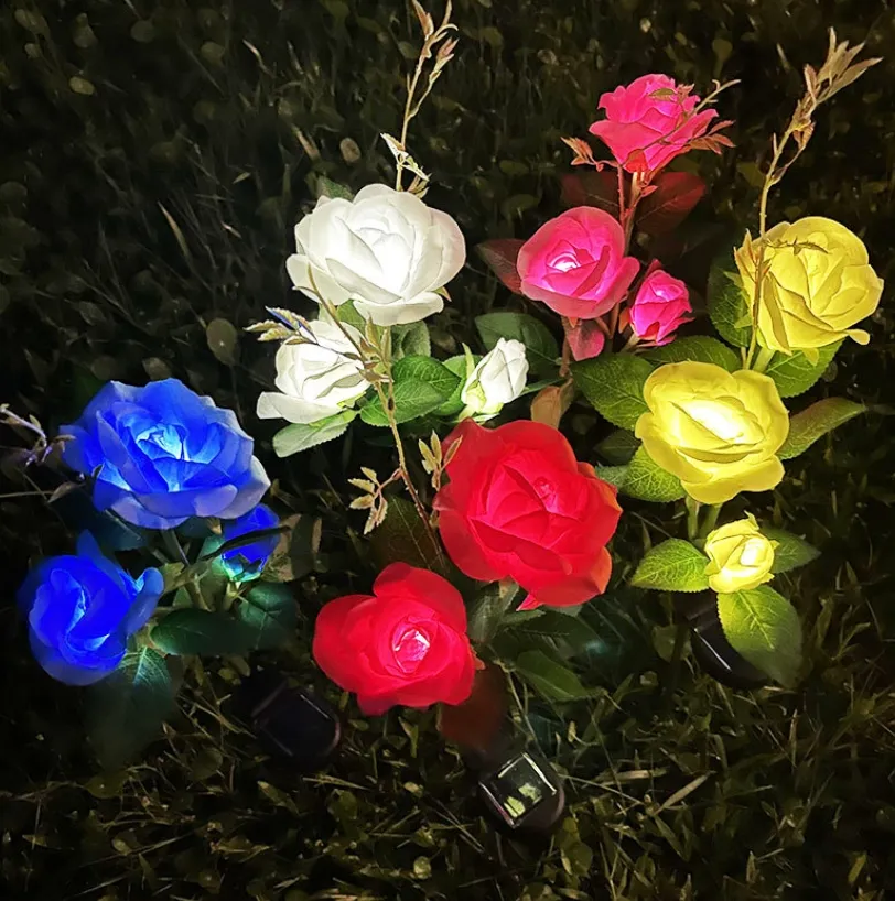 새로운 스타일 야외 3 5 머리 장미 꽃 모양의 빛 태양열 구동 야외 풍경 정원 잔디 LED 장식