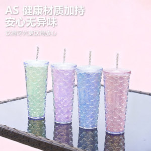Shang Kou Ai Double Wall Plastic Cup Colorful Fish Scale Design Large Capacity With Straw Reusable Party Drinkware - Product Image 4