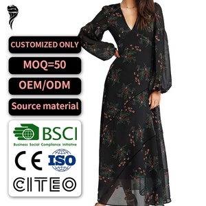 Fabricant OEM Robe longue à manches longues pour femmes, col en V, en mousseline de soie, imprimé floral, style bohème, pour soirée, plage, vacances - Product Image 1