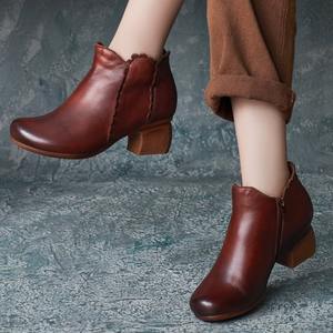 Nouvelles Bottines Femme Automne Style Ethnique Rétro en Cuir de Vachette à Talon Carré et Fermeture Éclair Latérale, Bout Rond, Talon Chaton - Product Image 1