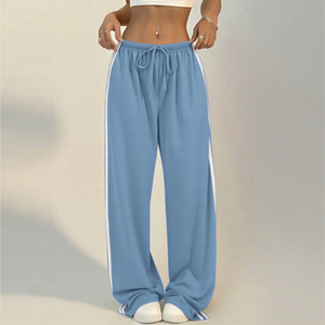 Pantalones de chándal de mujer de cintura alta a rayas de pierna ancha, holgados e informales <span class=keywords><strong>con</strong></span> cordón y dobladillo dividido para ropa urbana y de descanso - Product Image 5