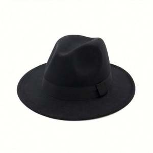 Sombrero Fedora de Ala Ancha para Hombre, Elegante, 100% Fieltro de Lana, con Banda Estampada, Color Negro - Product Image 1
