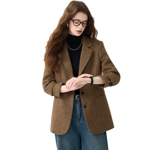 Women's Woolen Blazer Herringbone Pattern Coffee Color Anti-Wrinkle Professional Casual Suit Jacket - Product Image 5