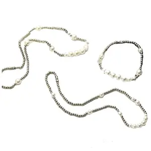 wholesale male stainless steel and glass pearl beads boho necklace 45cm 50cm 60cm and bracelet jewelry set ready to ship