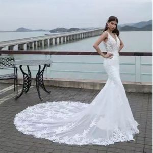 <b>White</b> Mermaid <b>Lace</b> Wedding Dress V Neck Backless Long Train Sleeveless Formal Gown For Women - Product Image 4