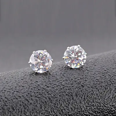 Korean version of white zircon bare stone stud earrings round gold six-claw diamond titanium steel stainless steel earrings