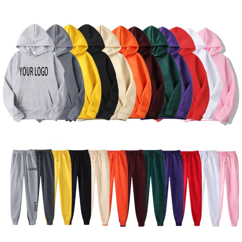 Atacado Personalizado Em Branco Planície Homens Streetwear Em Relevo Pullover Jogger Set Esporte Sweatpants E Hoodie Set