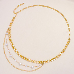 Cadena de cintura de metal de varias capas con perlas de imitación a la moda para mujer, accesorio de cadena corporal para fiesta, en oro y plata. - Product Image 6