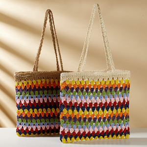 Nouveau <span class=keywords><strong>sac</strong></span> fourre-tout de plage en paille tressée fait main, style granny check, crochet, papier, tendance, rétro, ethnique, coloré - Product Image 6