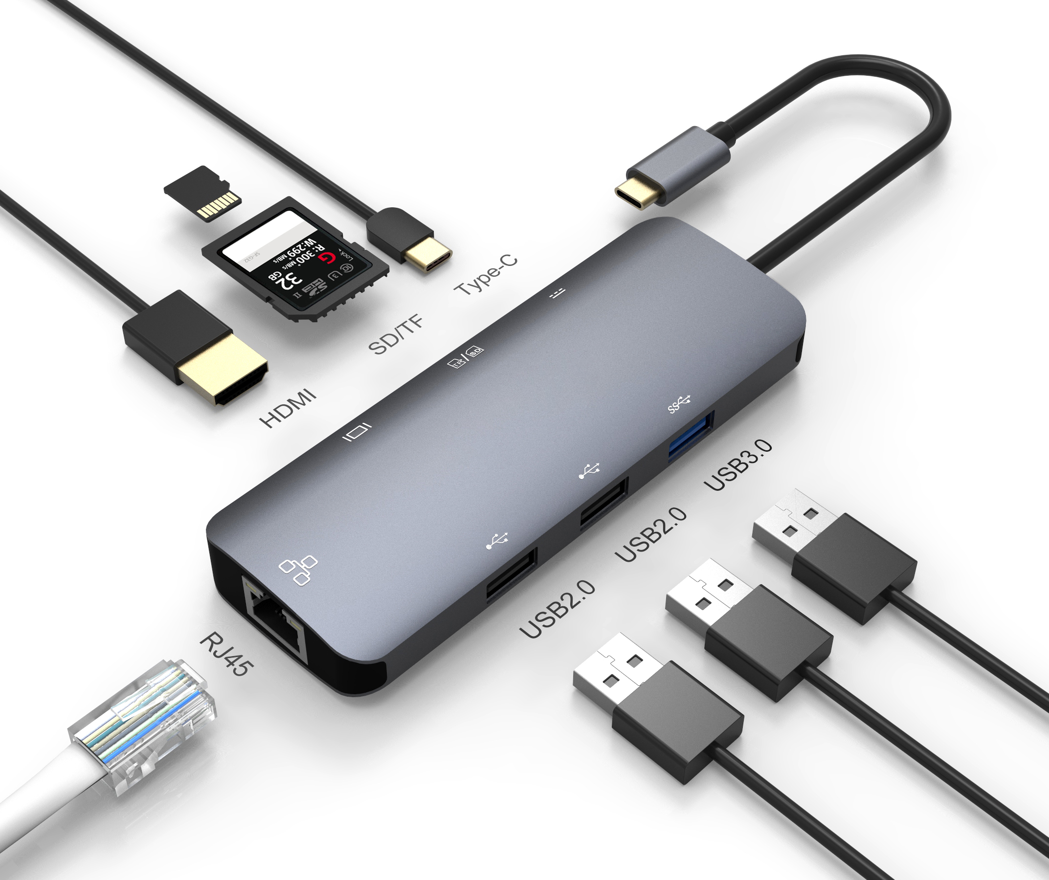 8 портов Алюминиевый USB C концентратор 8 в 1 Тип C многофункциональный адаптер для Windows ISO Android ноутбуков планшетов и телефонов