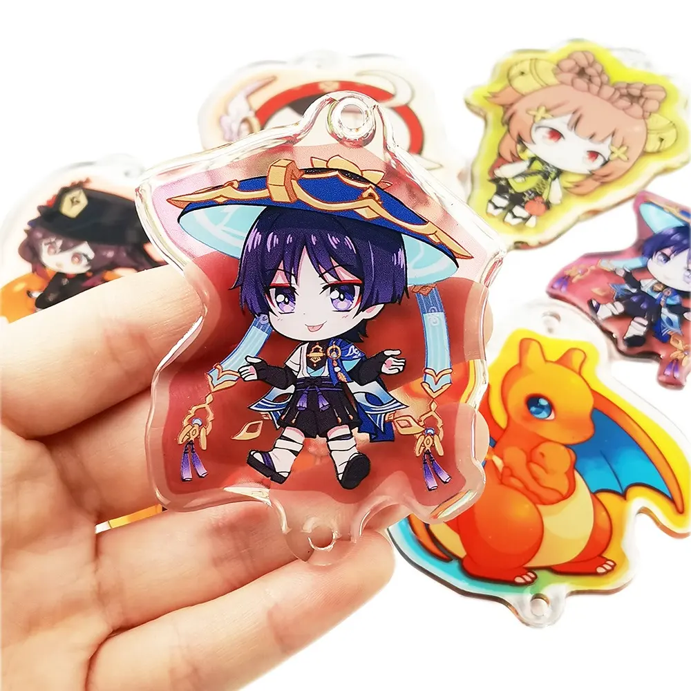 LEYING Custom Epoxy Coated Translucent Acrylic Keychain Anime Non-clear Charms With Colorful Glitters