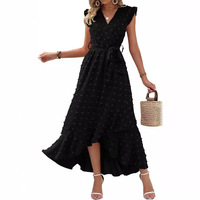 Robe d'été décontractée pour femme, couleur personnalisée, col en V, style bohème, maxi, manches à volants, taille haute, à pois, coupe trapèze