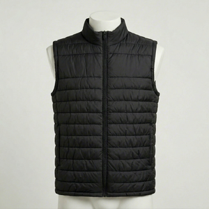 Unisex Black <b>Quilted</b> puffer Jacket Stand Collar Zipper Closure Sleeveless <b>Winter</b> Wear Regular Fit 100% Polyester Solid Color - Product Image 1