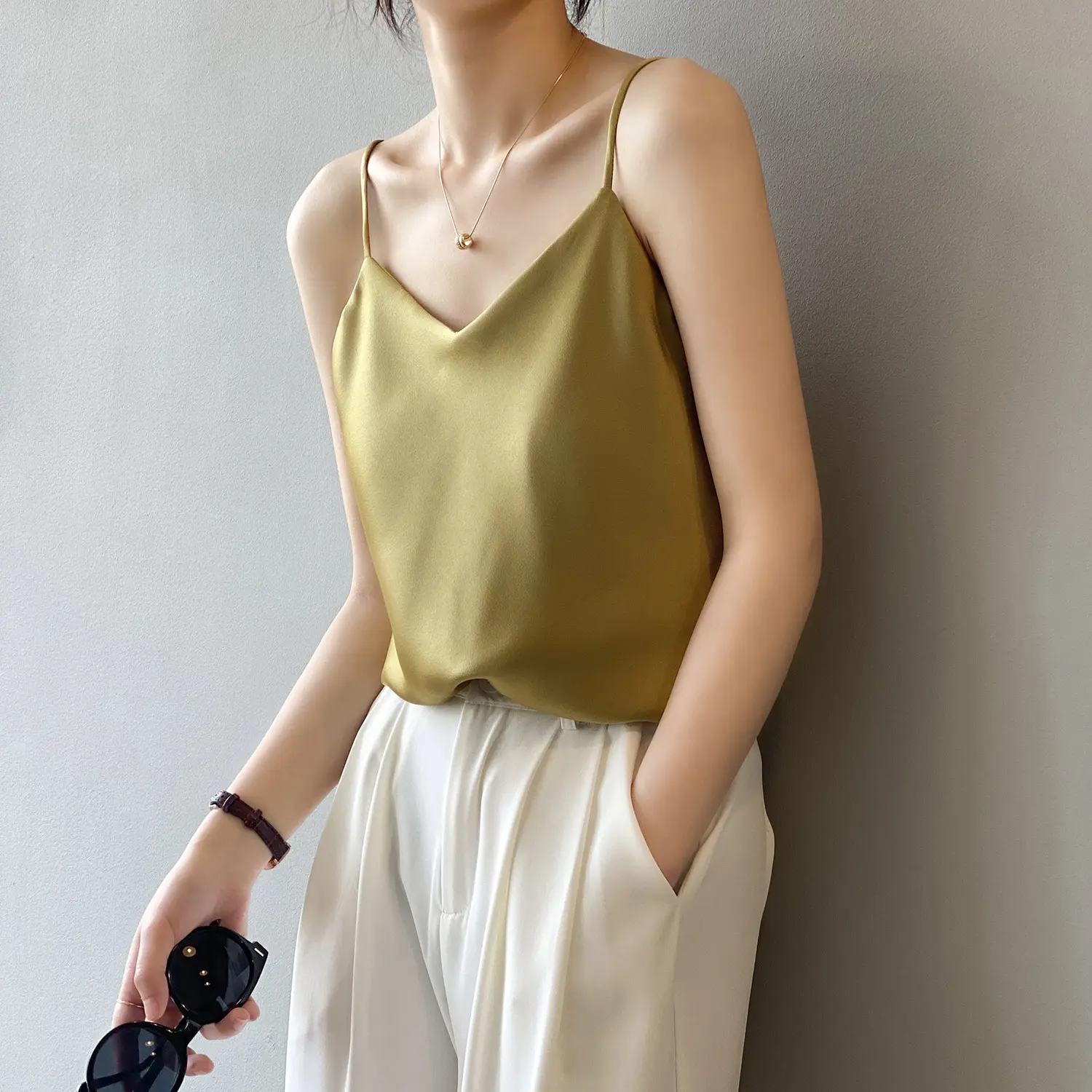 Wholesale 2022 Summer New Satin V-neck Small Sling Fashion Korean Style Temperament Drape with A Sleeveless Vest