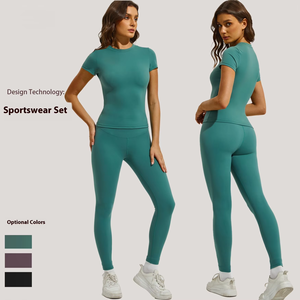 Kadın yüksek bel çabuk kuruyan sıkıştırma Yoga seti çalışan 2 parçalı katı desen tasarımı için nefes spor sıkı - Product Image 1