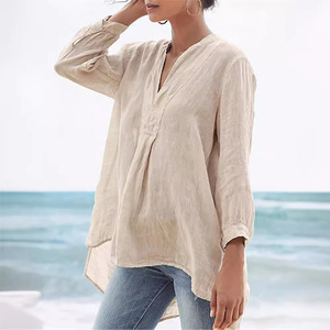Nuovo stile vendita caldo lino tinta unita Casual moda manica lanterna camicia di <span class=keywords><strong>Tulle</strong></span> donna - Product Image 1