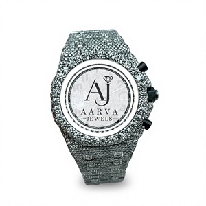 Montre chronographe mécanique incrustée de diamants, bracelet analogique de 20 mm, bracelet en acier inoxydable argenté, cadeau de luxe hip-hop - Product Image 1