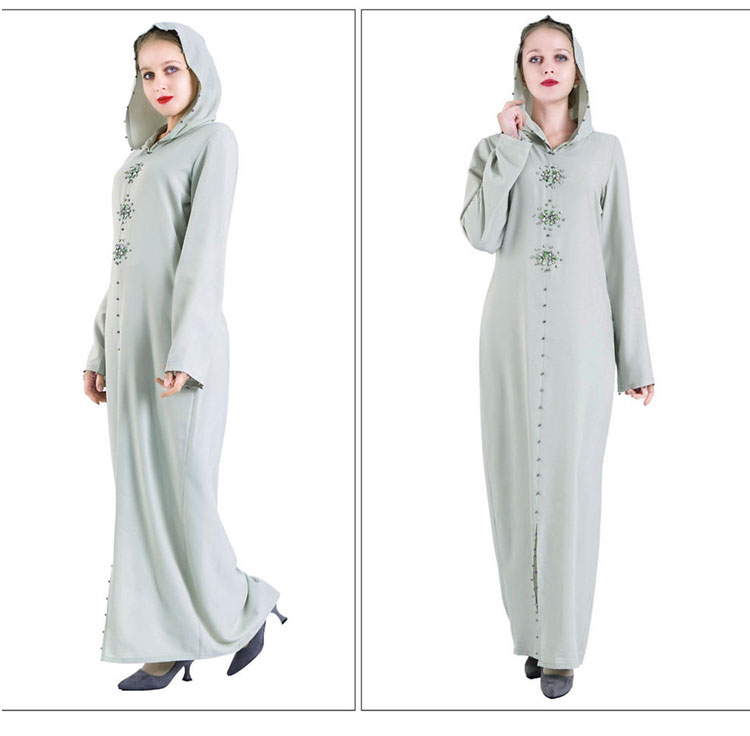 时尚摩洛哥女士长袖连帽连衣裙串珠水钻穆斯林连衣裙