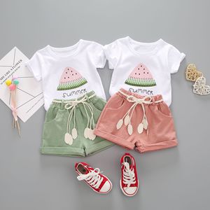 Ensemble deux pièces d'été décontracté en coton imprimé pour filles, t-shirt à manches courtes et short, taille 2T pour enfants - Product Image 1