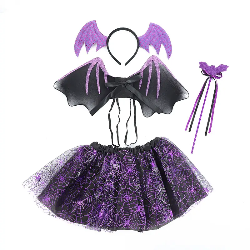 Halloween headband skirt children's suit Black octagonal spider hair band butterfly stick skirt four-piece set