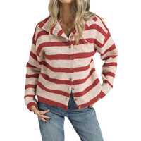 Cardigan en tricot rayé boutonné pour femme, collection automne 2026, col chemise, manches longues, style rétro