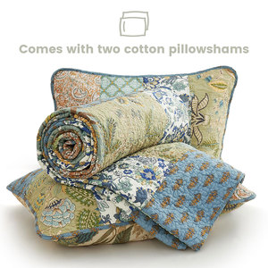 Juego de Edredón 100% Algodón, <span class=keywords><strong>Verde</strong></span>, Patchwork, Reversible, Ligero, Cubrecama, 2 Fundas de Almohada Rellenas de Poliéster, Juego de Cama de 3 Piezas - Product Image 5