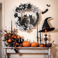Couronne de fleurs artificielles pour Halloween avec lumières LED pour la décoration de porte d'entrée ou de mur, fabriquée en usine