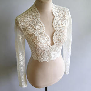 Boléro de mariée court en dentelle florale <span class=keywords><strong>ivoire</strong></span> à manches longues, décolleté en V profond, devant ouvert, ourlet festonné, pour robe de mariée - Product Image 4