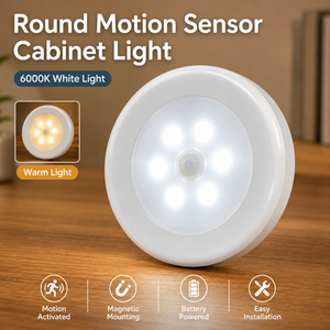 Round Smart <b>LED</b> Night <b>Light</b> <b>Motion</b> <b>Sensor</b> Magnetic Battery Powered Cabinet Closet Wardrobe Bedside Bedroom Lamp - Product Image 1