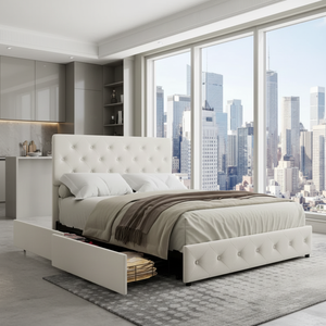 <span class=keywords><strong>Cama</strong></span> de plataforma tapizada moderna de tamaño completo con botones de hierro, cuero sintético, ajustable, con almacenamiento y cajones laterales para dormitorio, venta al por mayor - Product Image 5