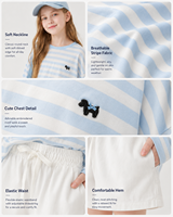 Ensemble T-shirt rayé léger à manches longues anti-UV et short blanc pour filles 2026 – Tenue décontractée ample d'été pour enfants, idéale pour l'extérieur