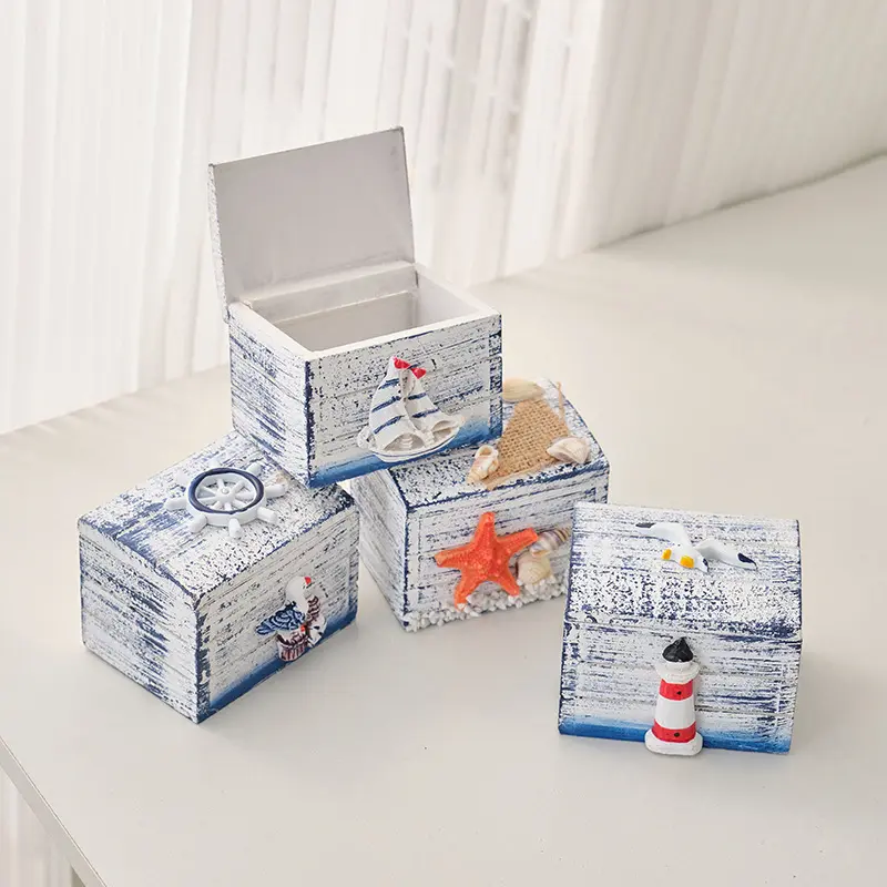 바다 아래 오션 브리즈 작은 나무 상자 장식 장식품 지중해 스타일 해변 나무 상자 창조적 인 장식
