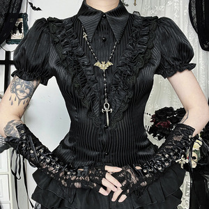 Kemeja Sweet Lolita Wanita Vintage Gothic Hitam Putih Jacquard Blus Lengan Pendek Elegan Atasan Kantor Wanita Y2k - Product Image 1