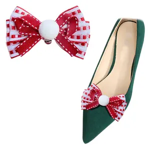 Caldo vendita ragazze pump flat carine Pom Pom Clip per scarpe staccabili rosso Plaid natale decorazioni per scarpe