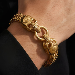 Rock Skull Head Charm Bracelet Men's Stainless Steel double <b>chain</b> Heavy gold <b>Chain</b> Gold Skull Punk Bracelets Biker Jewelry - Product Image 6
