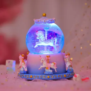 Kotak musik dibungkus hadiah kuda korsel lampu berubah warna Globe salju Unicorn untuk teman anak perempuan putri ibu ulang tahun