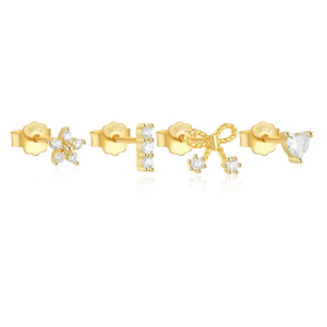 CANNER Juego de 4 Piezas de Aretes Pequeños de Plata de Ley 925 con Forma de Corazón, Lazo Simple, Flor Geométrica y Circonita para Mujeres y Niñas - Product Image 1