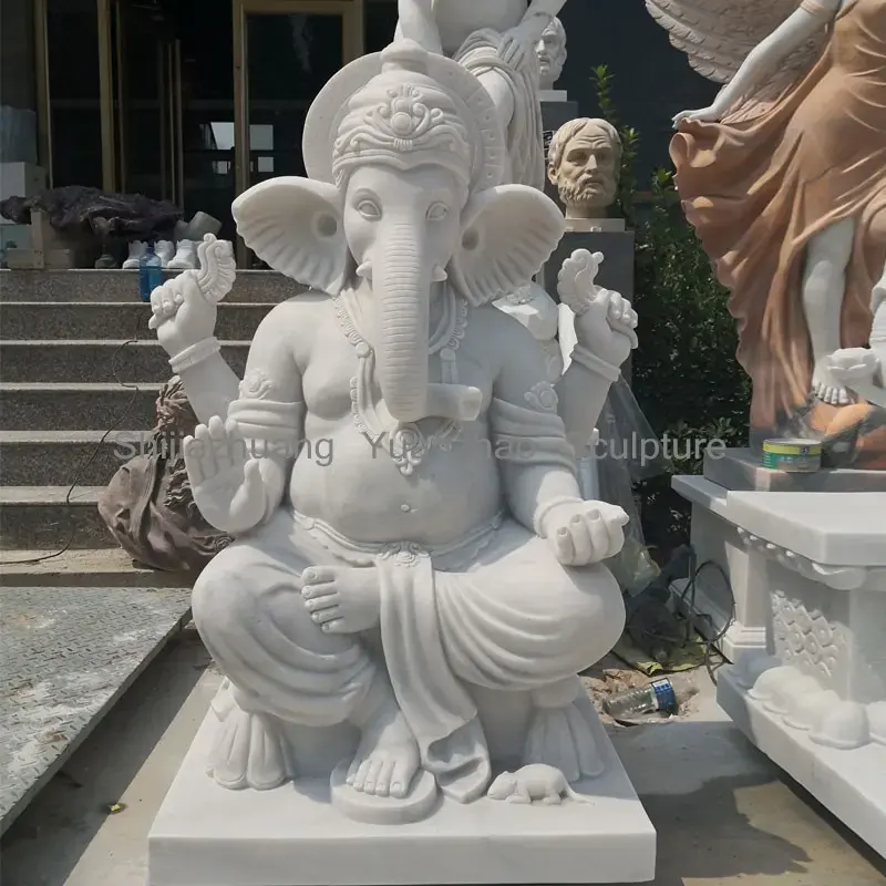 屋外装飾石大きなガネーシャ像大理石の主等身大白い大理石のヒンドゥー教の神ガネーシュの像