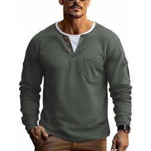 Camiseta Henley de Manga Larga para Hombre, Talla Grande, Texturizada, Lisa, Informal, con Bolsillo en el Pecho, para Otoño e Invierno - Product Image 5