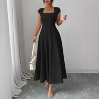 Nouvelle Robe Longue Élégante Vintage en Polyester Coupe Trapèze à Col Carré pour Femmes Européennes et Américaines – Vente en Gros
