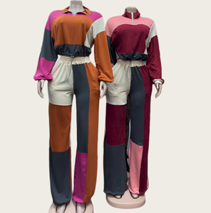 Viviblook Z1203ST02 Ensemble décontracté grande taille pour femme, nouveau costume bicolore à manches longues et pantalon moulant, ensemble 2 pièces pour femme - Product Image 1