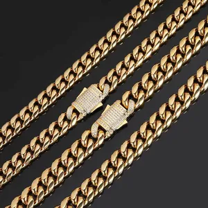 Collier chaîne cubaine Miami pour homme, ton or et argent, épais et massif, style hip-hop, avec fermoir serti de pierres, bijoux de mode - Product Image 3