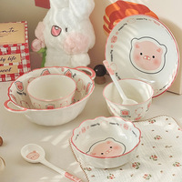 Ensemble de bols et assiettes en céramique à motif de cochon mignon, passe au micro-ondes, finition sous glaçure, vaisselle domestique