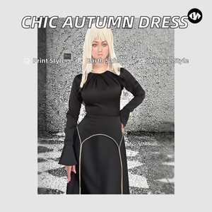 Robe trapèze pour femme, nouvelle collection automne 2024, couleur unie, manches longues, taille naturelle, écologique, vente en gros pour boutiques - Product Image 2