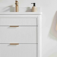 Meuble-lavabo de salle de bain autoportant en bois massif cannelé blanc avec 3 tiroirs, option miroir LED intelligent