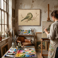 Peinture à l'huile artisanale 100% faite à la main, style Art Déco, petit oiseau peint à la main, sur toile de coton 450 g/m², pour décoration intérieure, vente en gros et dropshipping