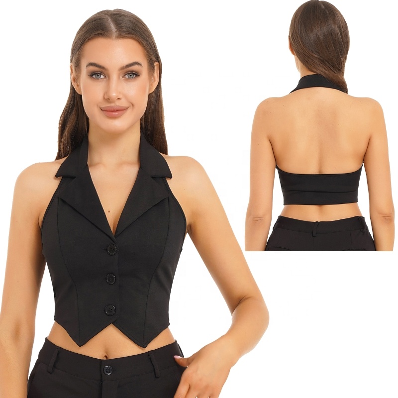 Damesmode Effen Kleur Crop Tops Revers Halter Backless Knoop Down Puntige Zoom Vest Voor Party Casual